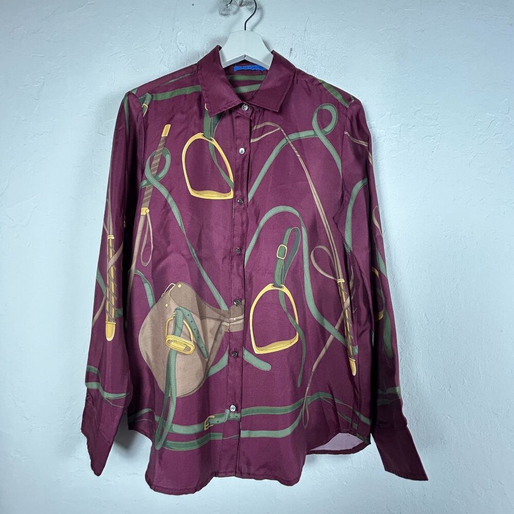 J.McLaughlin Women Button Up Long Sleeve Silk Blend Denver Blouse Small Burgundy